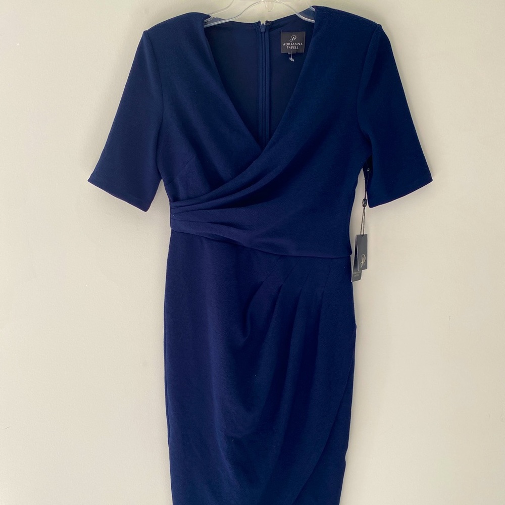 Adrianna Papell Sz 4 Navy Blue V Neck Cocktail Dress 1/2 Sleeve